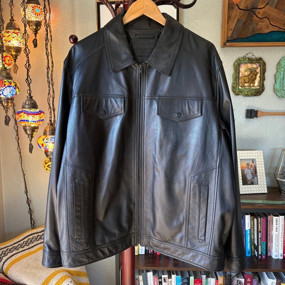 Roundtree & Yorke XL Black Lamb Leather Jacket Minimal Classic Zip Front